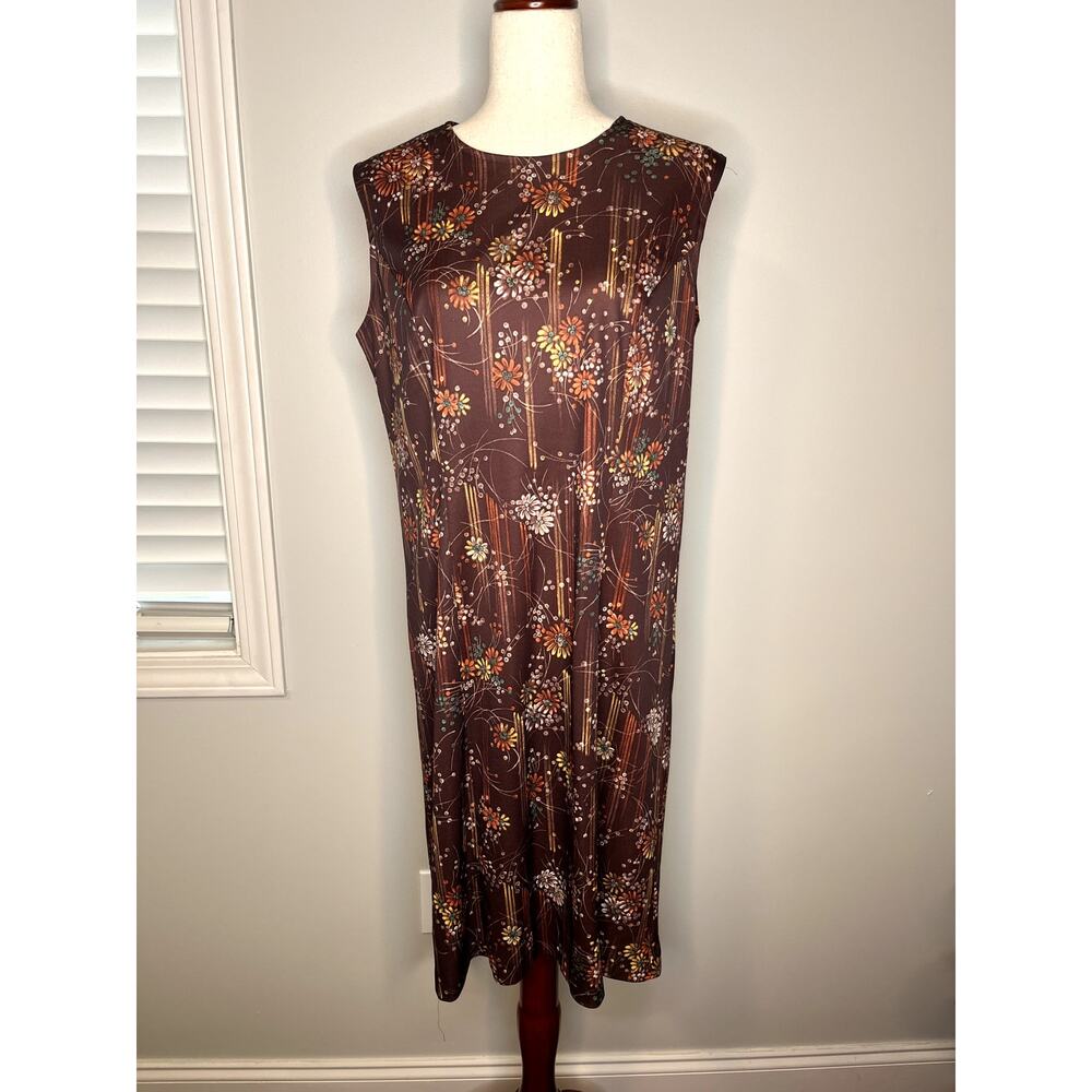 1970s Brown Orange Autumn Earth Tones Fall Harvest Floral Mod Shift Dress L